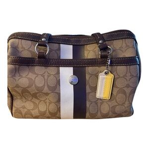 COACH Heritage Signature Stripe Zip Top Brown Shoulder Satchel Handbag F…